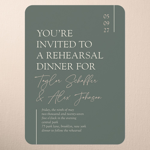 Divine Details Rehearsal Dinner Invitation, Green, none, 5x7 Flat, Standard Smooth Cardstock, Rounded, Quarry