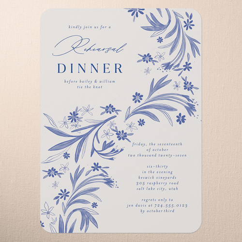 Floral Whimsy Rehearsal Dinner Invitation, Blue, 5x7 Flat, Pearl Shimmer Cardstock, Rounded