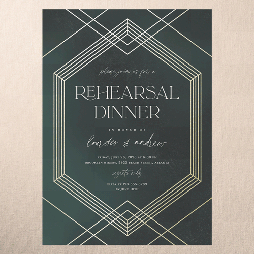 Diamond Deco Rehearsal Dinner Invitation, Gold Foil, Green, 5x7 Flat, Matte, Signature Smooth Cardstock, Square, Green