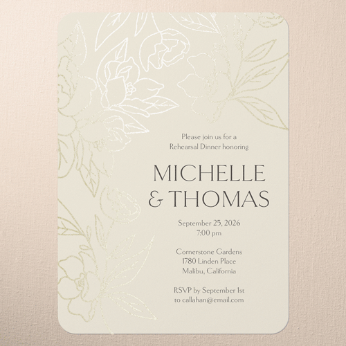 Floral Fantasy Rehearsal Dinner Invitation, Beige, Gold Foil, 5x7 Flat, Pearl Shimmer Cardstock, Rounded, Cream