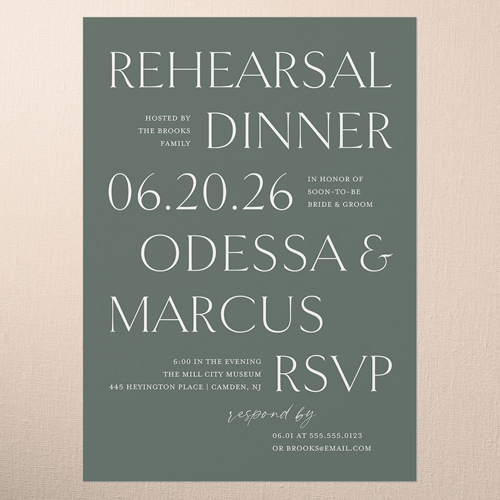 Staggered Type Rehearsal Dinner Invitation, Green, 5x7 Flat, Pearl Shimmer Cardstock, Square, Green