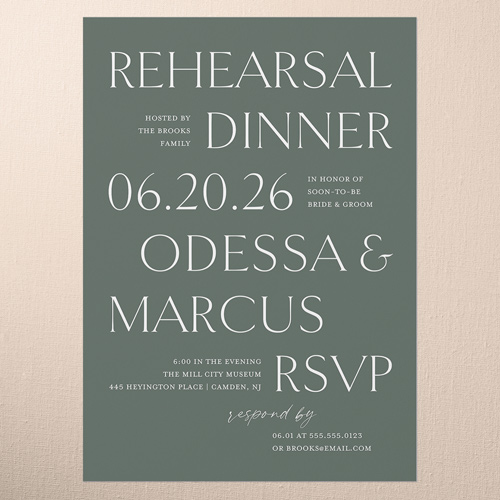 Staggered Type Rehearsal Dinner Invitation, Green, 5x7 Flat, 100% Recycled Cardstock ?, Square