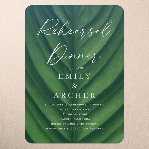 Leafy Lush Rehearsal Dinner Invitation, Green, 5x7 Flat, Matte, Signature Smooth Cardstock, Rounded, Dark Green