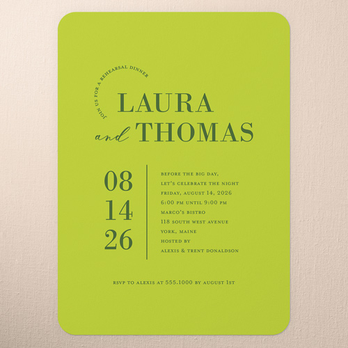 Adorned Accent Rehearsal Dinner Invitation, none, Green, 5x7 Flat, Standard Smooth Cardstock, Rounded, Evergreen