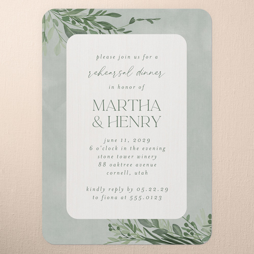 Elegant Fronds Rehearsal Dinner Invitation, White, 5x7 Flat, Matte, Signature Smooth Cardstock, Rounded, White