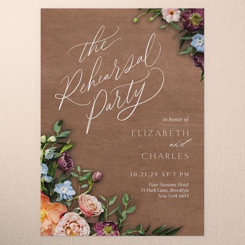 Stunning Floral Corners Rehearsal Dinner Invitation, Beige, 5x7 Flat, Pearl Shimmer Cardstock, Square, Latte