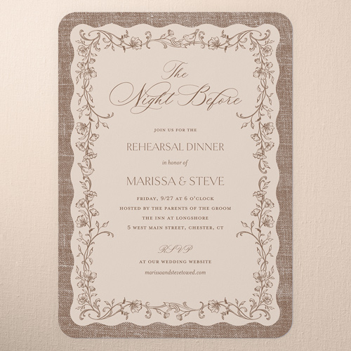 Gentle Ornamented Framework Rehearsal Dinner Invitation, Brown, 5x7 Flat, Matte, Signature Smooth Cardstock, Rounded, Clove