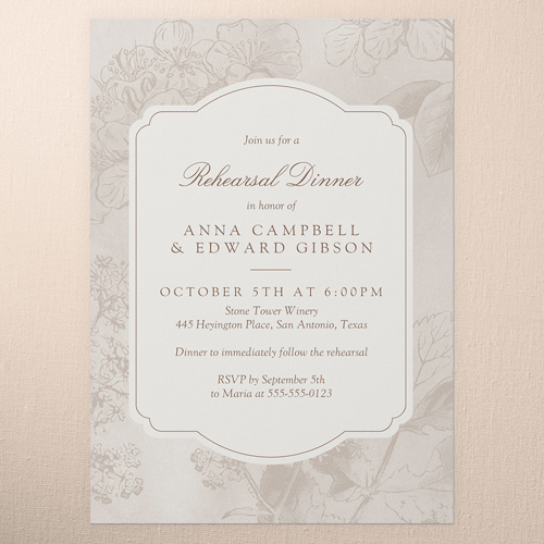 Antique Florals Rehearsal Dinner Invitation, Beige, 5x7 Flat, Standard Smooth Cardstock, Square, Rye