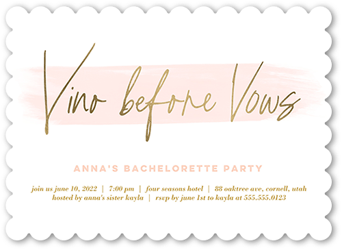 Vino Before Vows Bachelorette Party Invitation, White, 5x7, Pearl Shimmer Cardstock, Scallop