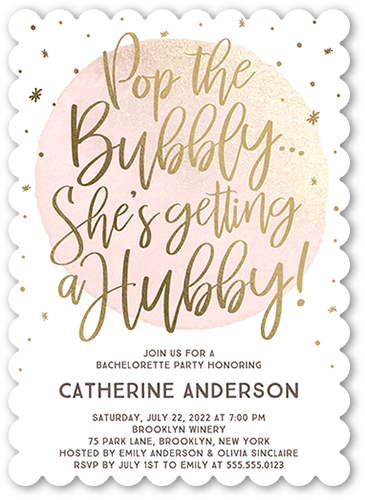 Bubbly Hubby Bachelorette Party Invitation, White, 5x7 Flat, Pearl Shimmer Cardstock, Scallop