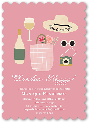 Wine And Dine Bachelorette Party Invitation, Pink, 5x7, Pearl Shimmer Cardstock, Scallop