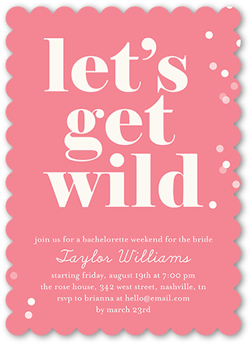 Wild Bash Bachelorette Party Invitation, Pink, 5x7, Pearl Shimmer Cardstock, Scallop