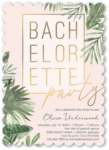 Tropical Bachelorette Bachelorette Party Invitation, Pink, 5x7 Flat, Pearl Shimmer Cardstock, Scallop