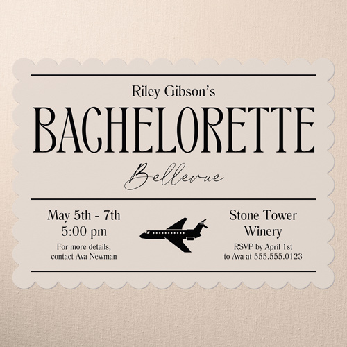 Destination Details Bachelorette Party Invitation, Beige, 5x7 Flat, Pearl Shimmer Cardstock, Scallop