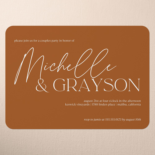 Typeface Names Couples Party Invitation, Orange, 5x7 Flat, Pearl Shimmer Cardstock, Rounded