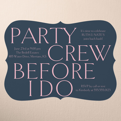 Party Crew Bachelor Party Invitation, Blue, 5x7 Flat, Write Your Own Greeting, Pearl Shimmer Cardstock, Bracket