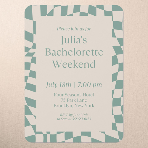Wavy Checkered Bachelorette Party Invitation, Green, 5x7 Flat, Write Your Own Greeting, Matte, Signature Smooth Cardstock, Rounded, Green