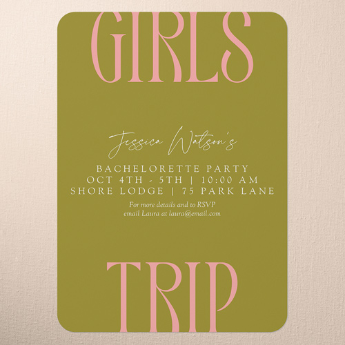 Big Trip Bachelorette Party Invitation, Green, 5x7 Flat, Matte, Signature Smooth Cardstock, Rounded, Green