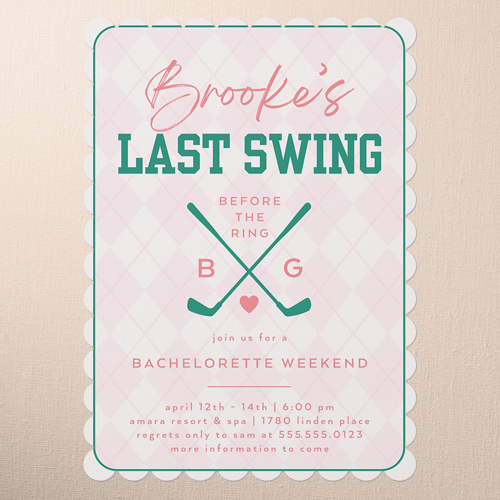 Golf Getaway Bachelorette Party Invitation, Pink, 5x7 Flat, Matte, Signature Smooth Cardstock, Scallop