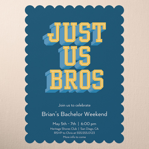 Bro Time Bachelor Party Invitation, Blue, 5x7 Flat, Pearl Shimmer Cardstock, Scallop