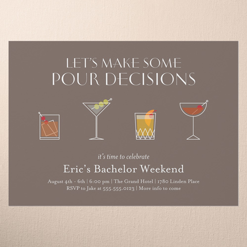 Pour Decisions Bachelor Party Invitation, Brown, 5x7 Flat, 100% Recycled Cardstock , Square