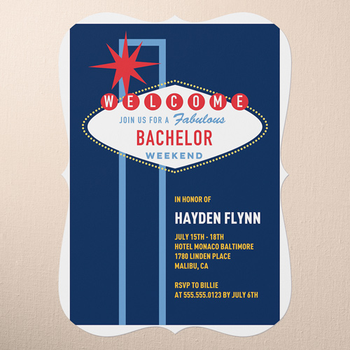 Glowing Getaway Bachelor Party Invitation, Blue, 5x7 Flat, Pearl Shimmer Cardstock, Bracket
