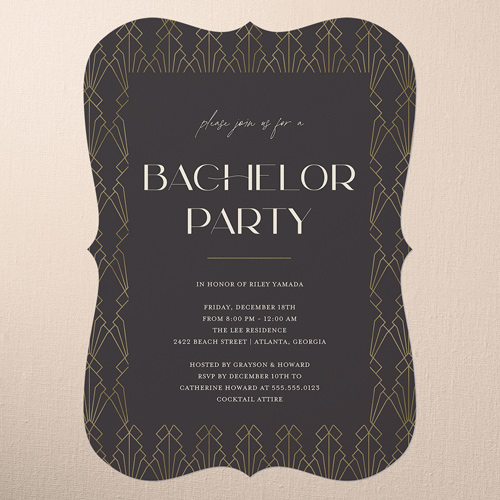 Deco Decor Bachelor Party Invitation, Black, 5x7 Flat, Pearl Shimmer Cardstock, Bracket