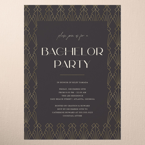 Deco Decor Bachelor Party Invitation, Black, 5x7 Flat, Pearl Shimmer Cardstock, Square, Black