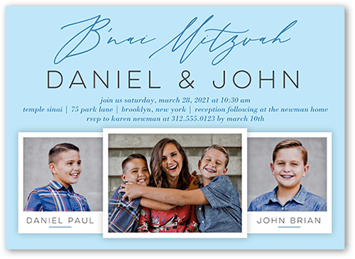 Brilliant Snapshot Bar Mitzvah Invitation, Blue, 5x7 Flat, Pearl Shimmer Cardstock, Square, Hydrangea