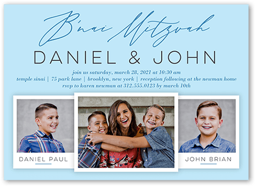 Brilliant Snapshot Bar Mitzvah Invitation, Blue, 5x7 Flat, Pearl Shimmer Cardstock, Square