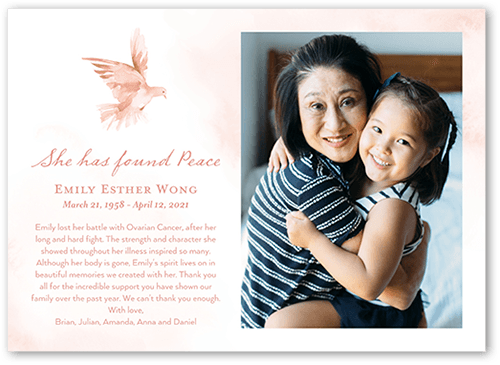 Watercolor Dove Sympathy Card, Pink, 5x7 Flat, Pearl Shimmer Cardstock, Square