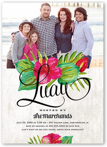 Floral Luau Summer Invitation, Blue, Luxe Double-Thick Cardstock, Square, Morning Fog