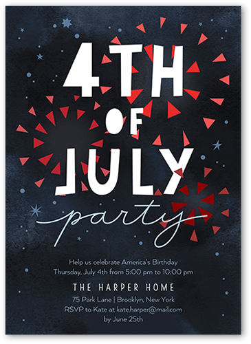 Fun Fireworks Summer Invitation, Black, 5x7 Flat, Pearl Shimmer Cardstock, Square, Silhouette