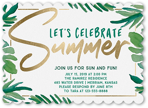 Lets Celebrate Summer Invitation, White, 5x7 Flat, Pearl Shimmer Cardstock, Scallop