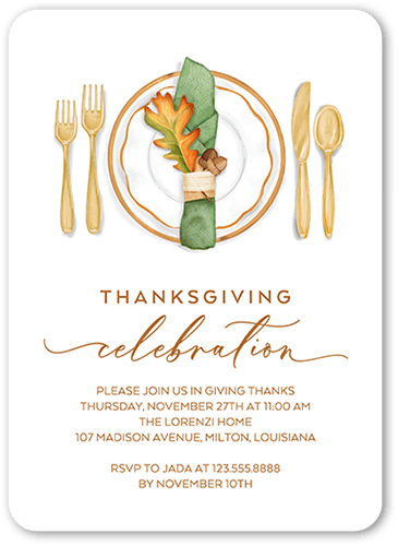 Thanksgiving Setting Fall Invitation, White, 5x7 Flat, Pearl Shimmer Cardstock, Rounded