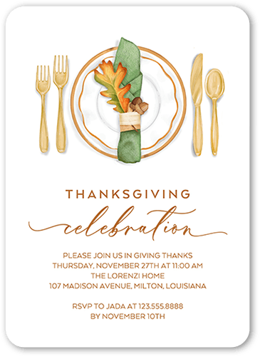 Thanksgiving Setting Fall Invitation, White, 5x7 Flat, 100% Recycled Cardstock ?, Rounded