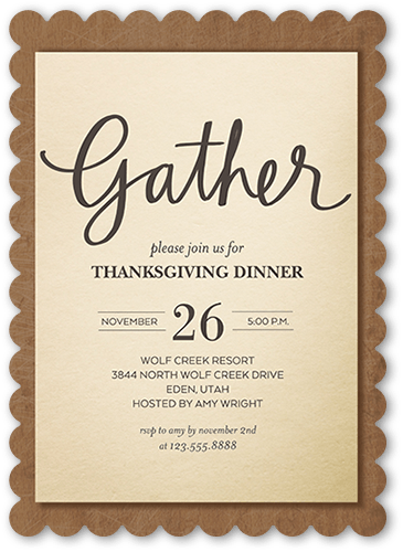 Gather Thanks Fall Invitation, White, 5x7 Flat, Pearl Shimmer Cardstock, Scallop
