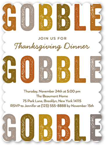 Thanks Gobble Fall Invitation, White, 5x7 Flat, Pearl Shimmer Cardstock, Scallop