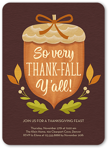 Thankfall Yall Fall Invitation, Brown, 5x7 Flat, Pearl Shimmer Cardstock, Rounded