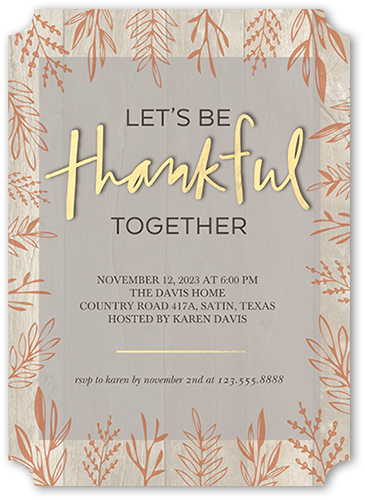 Thankful Together Fall Invitation, Brown, 5x7 Flat, Pearl Shimmer Cardstock, Ticket