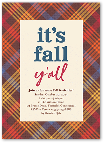 Fall Yall Fall Invitation, White, 5x7 Flat, Pearl Shimmer Cardstock, Square