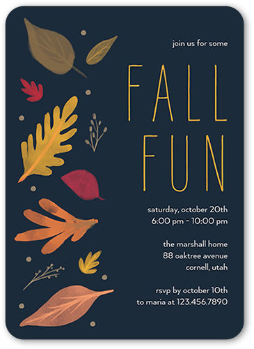 Falling Fronds Fall Invitation, Blue, 5x7 Flat, Standard Smooth Cardstock, Rounded, Navy