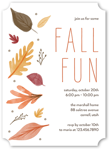 Falling Fronds Fall Invitation, White, 5x7 Flat, Pearl Shimmer Cardstock, Ticket