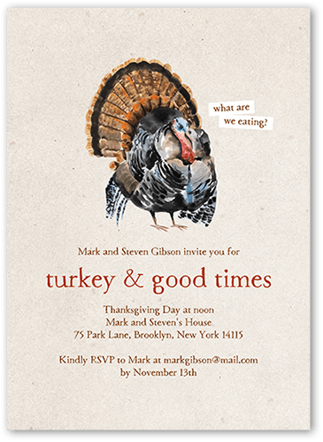 Turkey Times Fall Invitation, Beige, 5x7 Flat, 100% Recycled Cardstock , Square