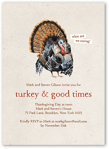 Turkey Times Fall Invitation, Beige, 5x7 Flat, 100% Recycled Cardstock ?, Square