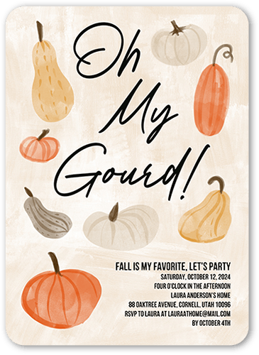 Oh My Gourd Fall Invitation, Beige, 5x7 Flat, Pearl Shimmer Cardstock, Rounded