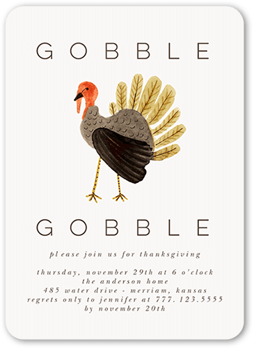 Gobble Day Fall Invitation, White, 5x7 Flat, 100% Recycled Cardstock , Rounded