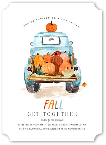 Pumpkin Truck Fall Invitation, White, 5x7 Flat, Pearl Shimmer Cardstock, Ticket