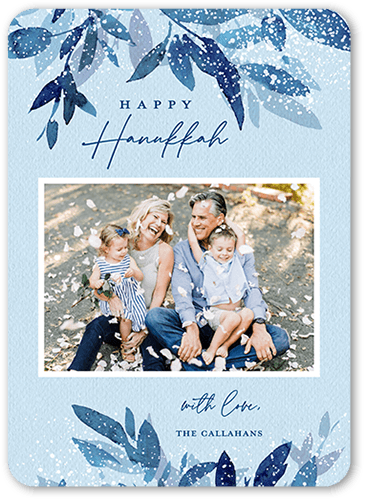 Snowy Floral Hanukkah Card, Blue, 5x7 Flat, Hanukkah, Standard Smooth Cardstock, Rounded