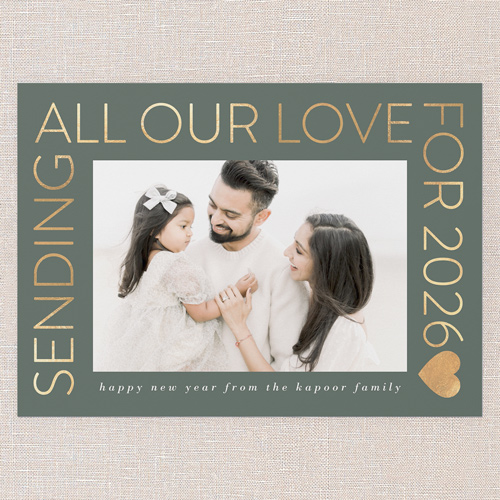Sending All Our Love New Year's Card, Green, 5x7 Flat, New Year, Pearl Shimmer Cardstock, Square, Avocado
